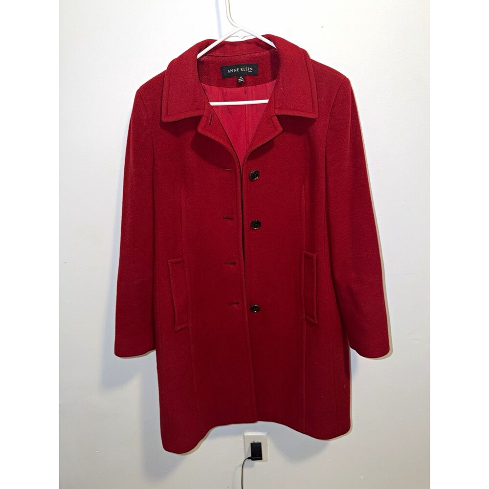 Anne Klein Women's Red Wool Felt Lined Collared Button Pockets Coat Size 10